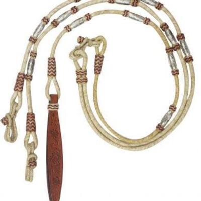 135	

Showman Â® Braided Natural Rawhide Romal Reins with Leather Popper.
These reins feature supple natural rawhide with braided rawhide...