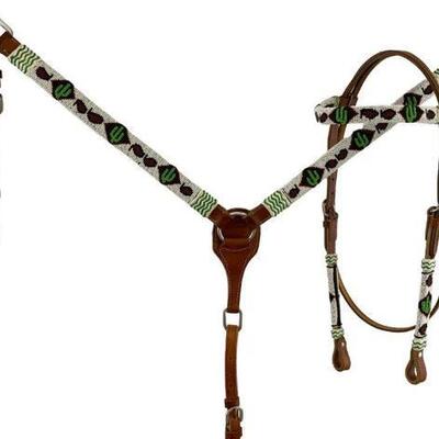 74	

Showmanâ„¢ Medium oil leather browband headstall with beaded cactus design.
This set features a beaded cactus  design with in white...