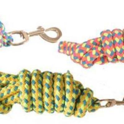 133	

(2) 8' Braided Softy Cotton Lead Rope.
Features bright multi color pattern. Lead is equipped with brass snap and measures 8' long.