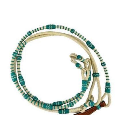 136	

Showman Â® Braided Natural Rawhide & Teal Romal Reins with Leather Popper.
These reins feature supple natural / teal rawhide with...