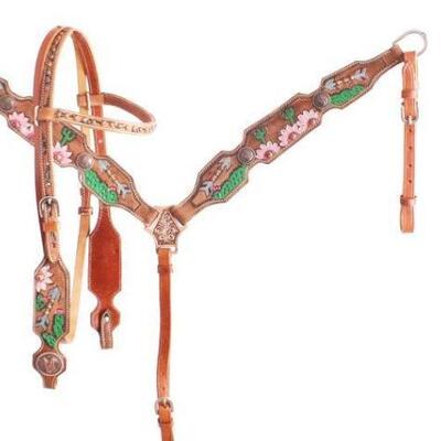 73	

Showman Â® White and Pink Sunflower and Cactus Brow Band headstall and breast collar set.
This set features medium double stitched...