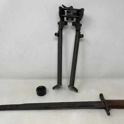 #8374 • Rifle Bipod Stand, Speed Loader, and US Bayonet
