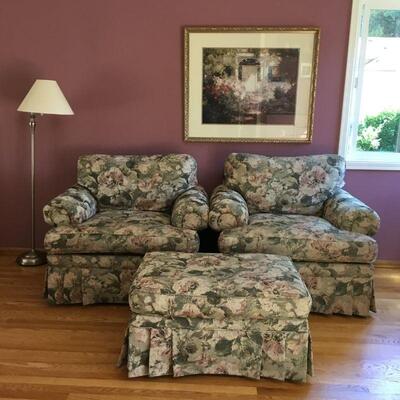 Thomasville Lounge Chairs with Ottoman. Each chair measures 42in wide x 38in deep and 26in high. The ottoman measures  24in x 34.5in x...