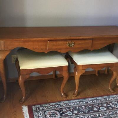 Thomasville Sofa Table and stools. Table measures 60in x 17.5in x 28in tall.  Each stool measures 20in x 17in x 18in tall.