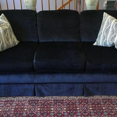 Drexel Sofa in Blue Velvet Microfiber/Mohair like fabric. Measures 83in long x 35in deep x 35in tall.