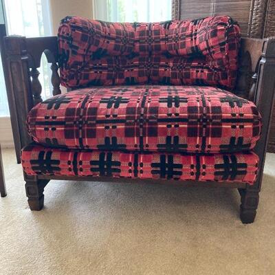 Pair of vintage red, geometric patterned barrel chairs