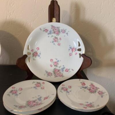 Germany Roman V Rose Pattern  Open Handle Cake Plate and 4 Serving Plates