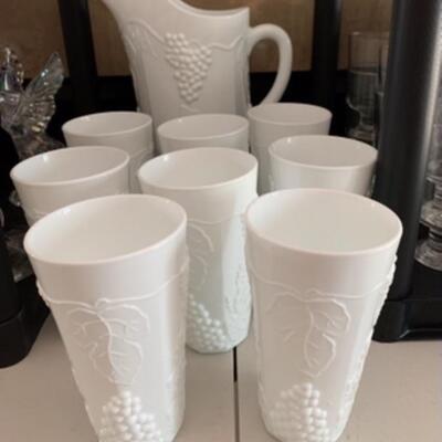 Vintage 9 Piece Milk Glass Pitcher and Tumblers