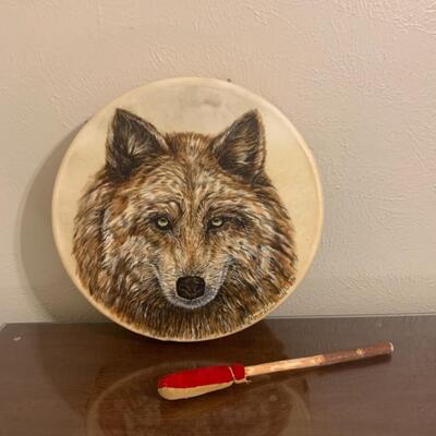 â€œWolf 2â€.    Native American Artist Kimberly Pollis                                                                  Drum and Stick...