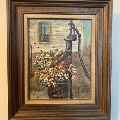Framed Vintage Farmhouse Flowers Painting by LP 16"x18" - $40