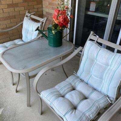 3PC Patio Set W/Vintage Watering Can. 2xChairs W/Cushions & 2-Tier Glass Top Table - $75