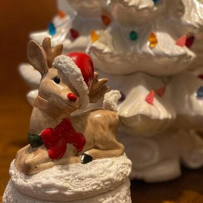 Vintage 18" White Ceramic Christmas Tree & Mayberry Courthouse By Hawthorn & Reindeer Trinket-box - $50