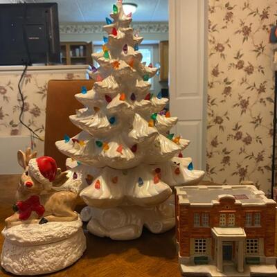 Vintage 18" White Ceramic Christmas Tree & Mayberry Courthouse By Hawthorn & Reindeer Trinket-box - $50