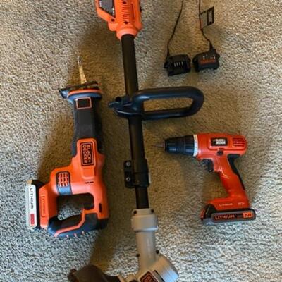 Black & Decker 20V Cordless drill, 20V Reciprocating Saw Cordless, 20V Cordless String Trimmer Weed Eater & 2x Chargers &...