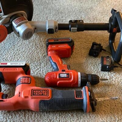 Black & Decker 20V Cordless drill, 20V Reciprocating Saw Cordless, 20V Cordless String Trimmer Weed Eater & 2x Chargers &...