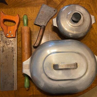 Antique L&IJ #6 Butchers Meat Cleaver, Vintage Rolling Pin, Vintage Warranted Superior Miter Hand Saw, Wagner Ware Sidney -0-...
