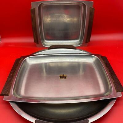 2 x Stelton MCM Serving Trays W/Wood Handles & 1 x KK Stainless MCM Tray - $35