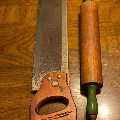 Antique L&IJ #6 Butchers Meat Cleaver, Vintage Rolling Pin, Vintage Warranted Superior Miter Hand Saw, Wagner Ware Sidney -0-...