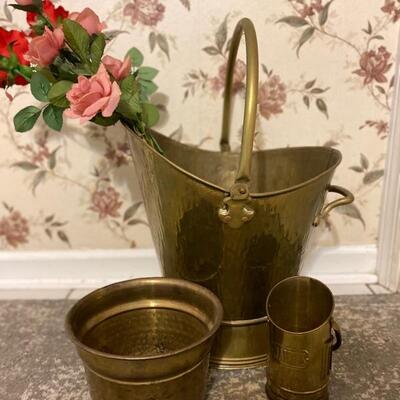 3PC Brass & Copper Set. Matchstick Holder W/Strike Pad, Garden Pot & Handled Pail - $30