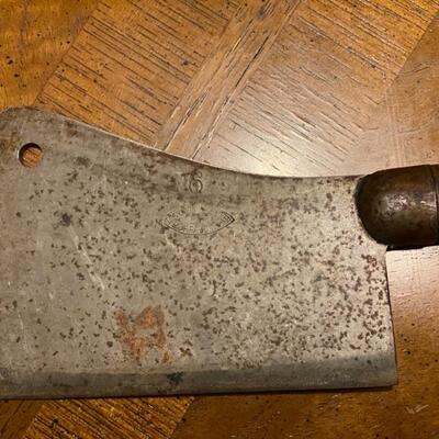 Antique L&IJ #6 Butchers Meat Cleaver, Vintage Rolling Pin, Vintage Warranted Superior Miter Hand Saw, Wagner Ware Sidney -0-...