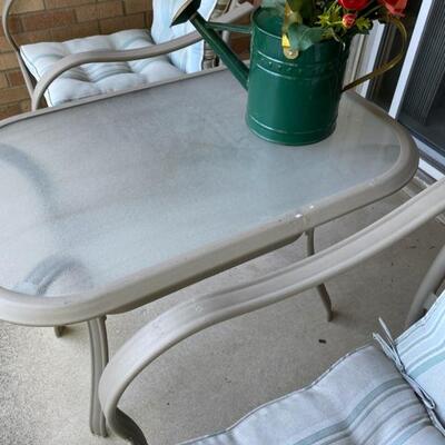 3PC Patio Set W/Vintage Watering Can. 2xChairs W/Cushions & 2-Tier Glass Top Table - $75