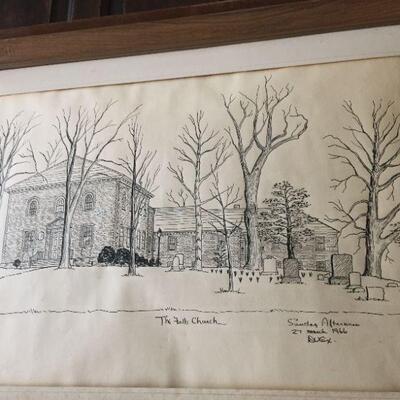1966 Pen and Ink Drawing of The Falls Church by Rear Admiral Donald Vance Cox, USN