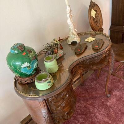 ornately carved kidney desk, ginger jar and more