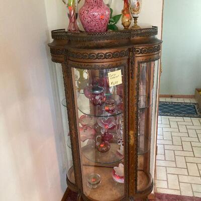 vitrine with brass ormolu loaded with Victorian glass