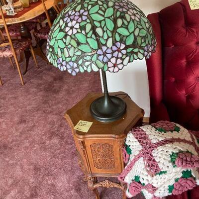 leaded glass table lamp, carved hexagonal top table