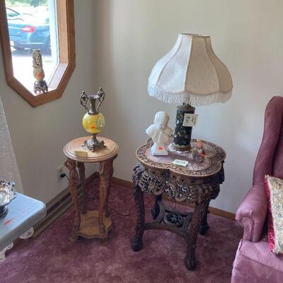 cloisonne lamp, ornate marble top Asian table, table with carved lady legs
