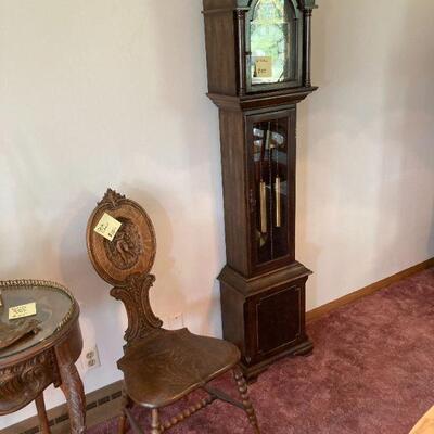 carved oak chair, grandfather clock