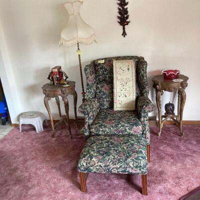 Sit for a spell. pair of carved tables and a real nice floor lamp