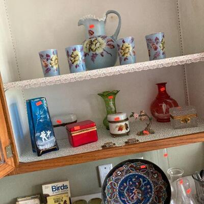 enameled water set, Mary Gregory glass