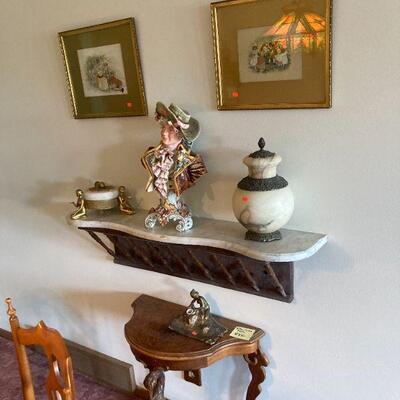 inkwell, Capodimonte bust, needlepoint framed scenes 
