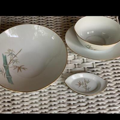 Noritake China, MCM, ORIENTAL Pattern #6341, Bamboo Green, service for 12 plus Platter