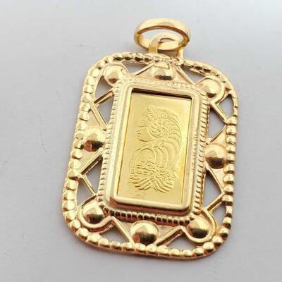 #1200 • 1g .999 Fine Gold Bar in 18k Gold Pendent , 3.5g
