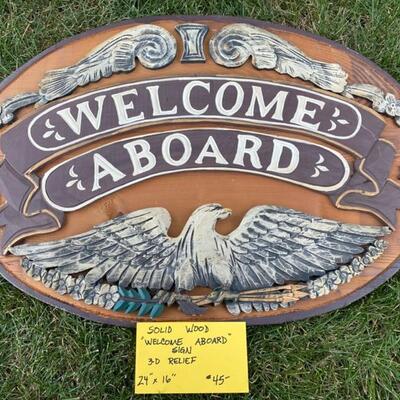 Solid Wood "Welcome Aboard" Sign 3D Relief