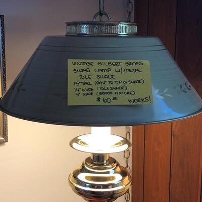 Vintage Gilbert Brass Swag Lamp W/Metal Tole Shade