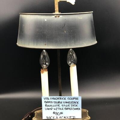 Vintage Frederick Cooper Brass Double Candlestick Bouillotte Style Desk Lamp W/Tole Brass Shade
