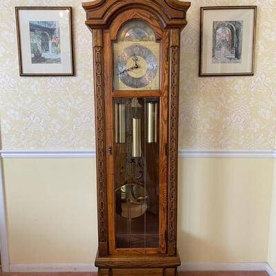 Colonial 1970's Oak Grandfather Clock - 77"H x 22.5" x 13.5"D - $440