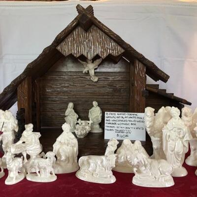 18-Piece Glazed Ceramic Nativity Set By Atlantic Mold & Handcarved Solid Wood Manger W/Music Box