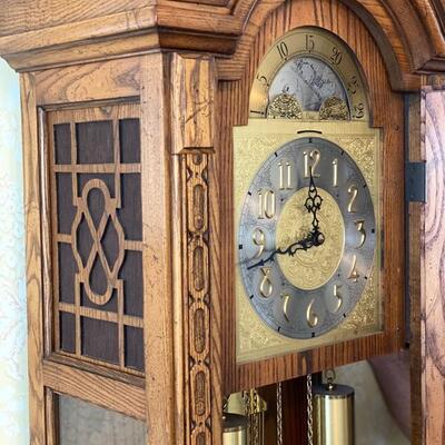 Colonial 1970's Oak Grandfather Clock - 77"H x 22.5" x 13.5"D - $440