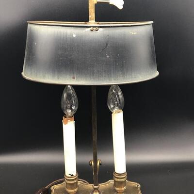 Vintage Frederick Cooper Brass Double Candlestick Bouillotte Style Desk Lamp W/Tole Brass Shade