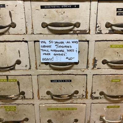 Vintage 50 Drawer All Wood Cabinet W/Accessories