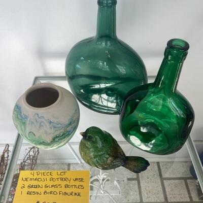 Nemadji Vase, Green Glass Bottles & Bird Figurine 