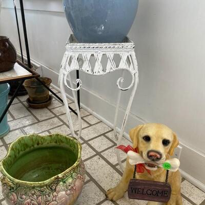 Welcome Dog, Glazed Pottery & Wrought Iron Plant Stand