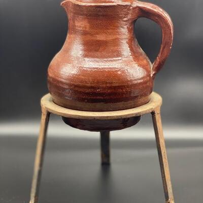 Glazed Jug W/Iron Stand