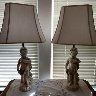 Vintage Figural Grechian Maiden/Girl Putti Plaster Chalkware Lamps W/Shade