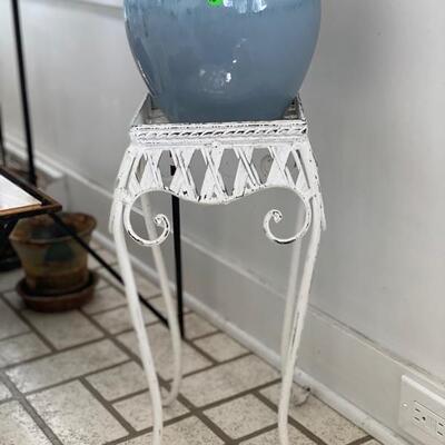 Welcome Dog, Glazed Pottery & Wrought Iron Plant Stand