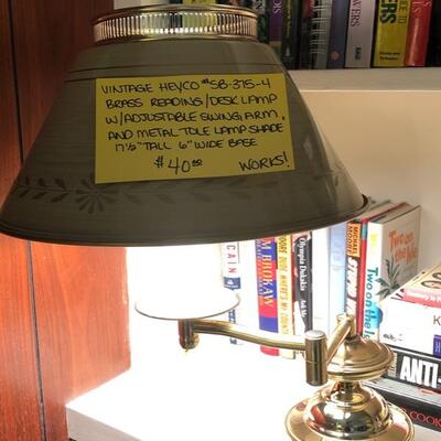 Vintage Heyco Brass Swing Lamp W/Metal Tole Shade